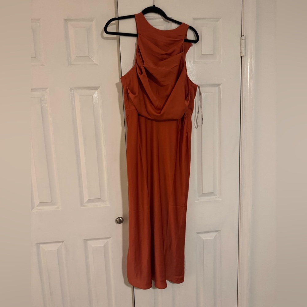 ASOS DESIGN satin drape bodice midi dress in rust
